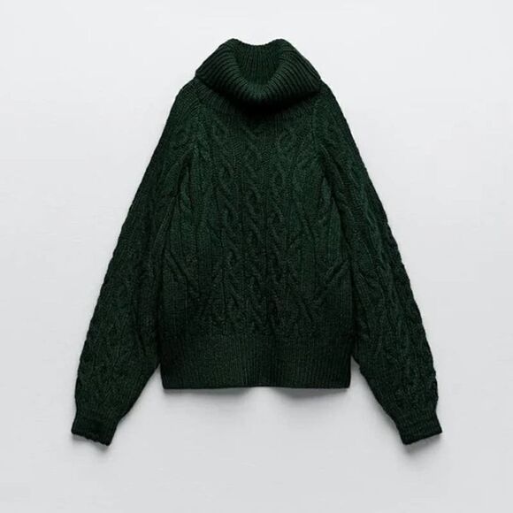 Zara Chunky Knit Cold Shoulder Sweater Green New - Picture 3 of 4